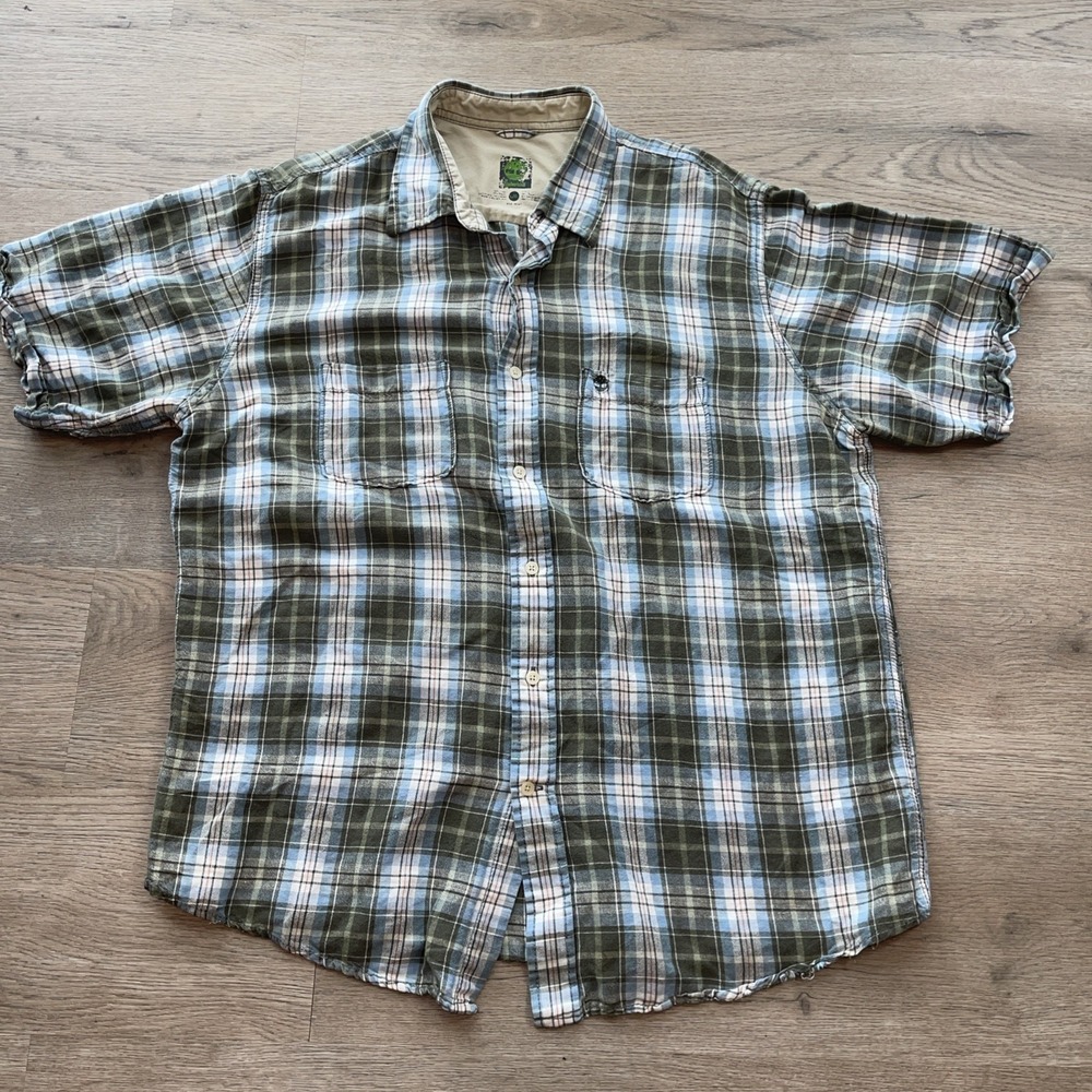 Timberland Button  Shirt Men L Plaid Pockets Logo Cotton And Rayon  Plaid Green